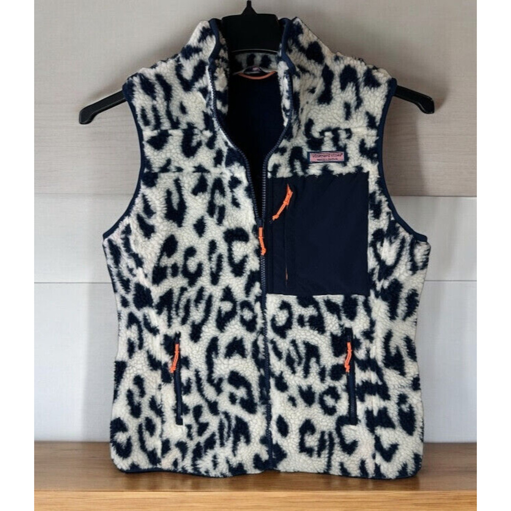 Vineyard Vines Leopard Print Mixed Media Sherpa Vest Supershep Women's Size XS - Picture 13 of 13